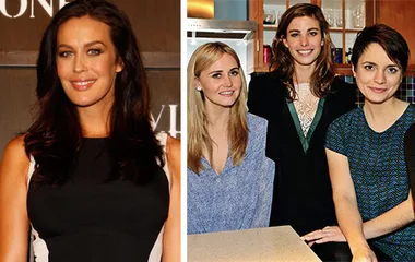 Megan Gale at an event; three women from "Wonderland" TV series standing together in a kitchen setting.