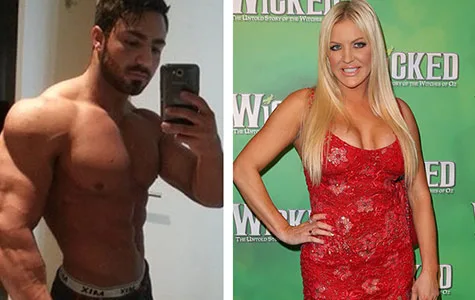 Two images side by side: a muscular man taking a selfie and a woman in a red dress on a green carpet.