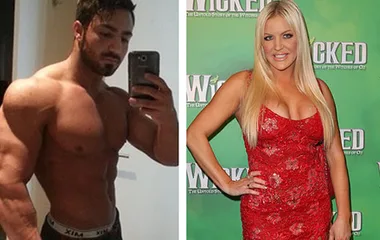 Two images side by side: a muscular man taking a selfie and a woman in a red dress on a green carpet.