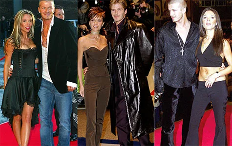 Victoria and David Beckham in three red carpet outfits, showcasing early 2000s fashion.
