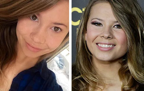Two side-by-side images of a young woman: left, makeup-free in casual attire; right, with makeup, dressed formally.