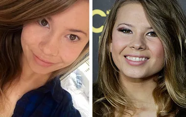 Two side-by-side images of a young woman: left, makeup-free in casual attire; right, with makeup, dressed formally.