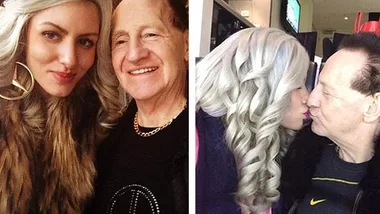 Two images show a couple posing together; in one, they share a kiss. The woman has long curled hair.
