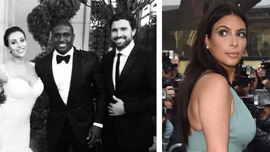 Brody Jenner with Reggie Bush and his bride; Kim Kardashian photographed at another event.