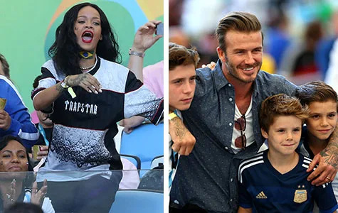 A woman cheers in a stadium on the left; a man poses with children on the right at a sports event.