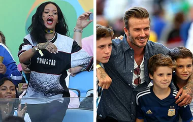 A woman cheers in a stadium on the left; a man poses with children on the right at a sports event.