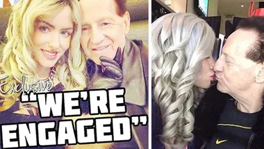 A couple announces engagement with a selfie on left; kissing on right, "We're Engaged" text overlay.