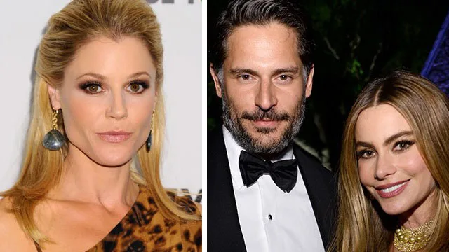 Julie Bowen in a leopard print dress, plus a couple dressed formally, man in tuxedo and woman in golden attire.