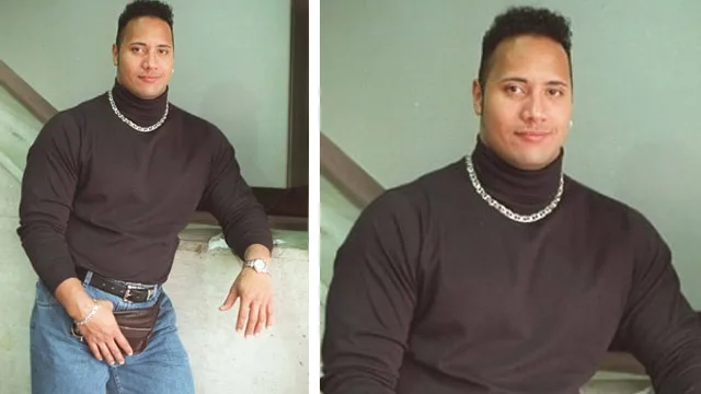 90s throwback photo of man with a black turtleneck, chain necklace, and fanny pack; casual and nostalgic style.