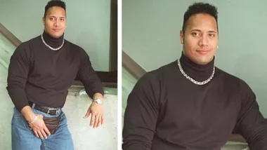 90s throwback photo of man with a black turtleneck, chain necklace, and fanny pack; casual and nostalgic style.