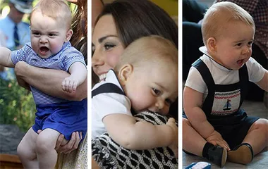 Three images show a toddler in different outfits. The toddler is being held, cuddled, and sitting on the floor.