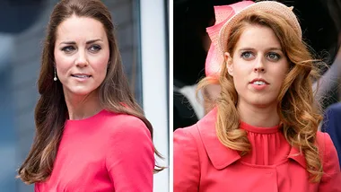 Two women in pink outfits, one with brunette hair and the other with auburn, looking in different directions.