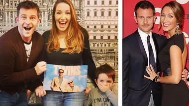 Family excitedly announces twins with a "Twins" movie poster; another couple posing on a red carpet.