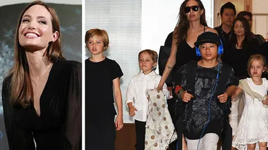 Angelina Jolie smiles in a black dress; on right, she walks with her children, one wearing blue headphones.