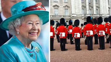 Portrait of an elderly woman in a turquoise outfit and hat alongside British guards in red at a palace.