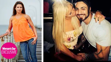 A woman in an orange top on a boardwalk; a couple embracing in a club setting.