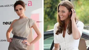 Victoria Beckham and Duchess Catherine in elegant outfits, posing separately at events.