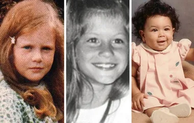 Three childhood photos side by side: a girl with long hair, a girl smiling, and a baby in a pink dress sitting.