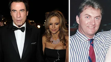 Two images side by side: a couple dressed in formal attire and a man in a striped shirt and red tie.