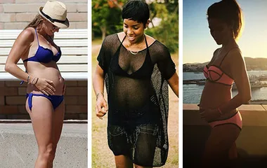 Three pregnant women posing outdoors, showcasing their baby bumps in swimwear.