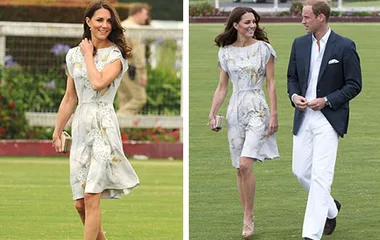 Duchess Kate in a floral dress at an outdoor event, walking alone and with Prince William.
