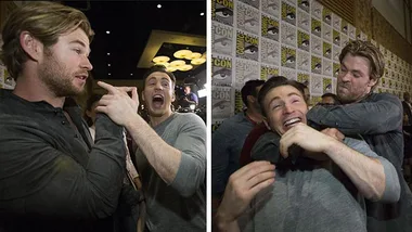 Actors engage playfully at Comic-Con with joyful expressions and lighthearted gestures.