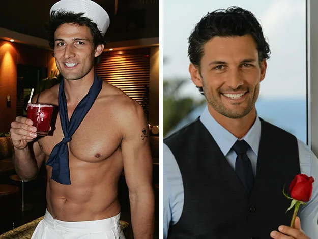 Two photos side by side of a man, shirtless in a sailor hat on the left, dressed formally with a rose on the right.