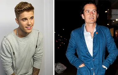 Orlando Bloom in a blue jacket and Justin Bieber in a gray sweater are pictured separately in a collage.