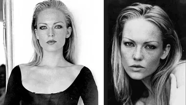 Two black and white portraits of a woman with long blonde hair and serious expressions.