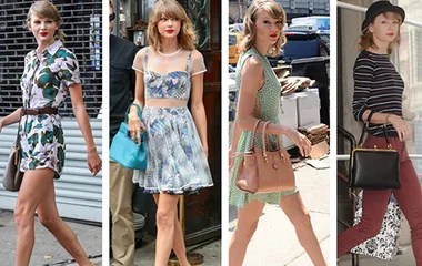 Taylor Swift in four stylish outfits walking outdoors, each with unique patterns, bags, and accessories.