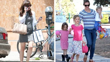 A woman walks outside carrying shopping bags; in another image, she's with three children at a park.