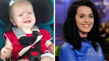 Baby in a car seat smiling beside a woman with long dark hair wearing a blue outfit.