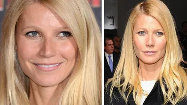 Close-up of Gwyneth Paltrow with long blonde hair, smiling slightly on the left, serious expression on the right.