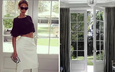 A stylish woman in sunglasses stands by a glass door in a sunny room, and a view of double glass doors with curtains open.