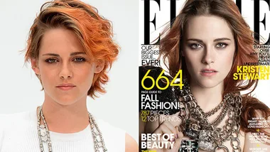 Kristen Stewart with short auburn hair posing; featured on an Elle magazine cover wearing necklaces.