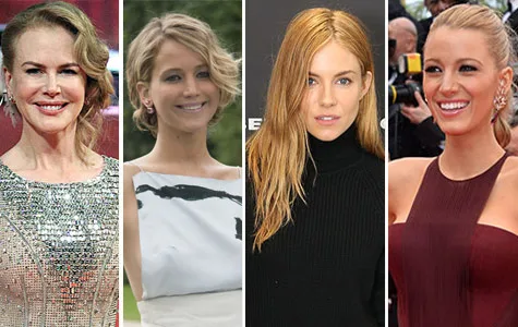 Four women smiling at different events, wearing elegant dresses.