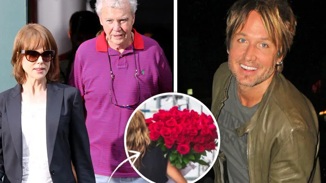 Nicole and an older man walk together; a circled image shows a bouquet of red roses; another shows a smiling man.