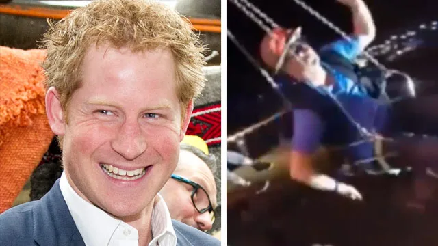 Prince Harry smiling broadly on the left; blurry image of someone dancing on the right.