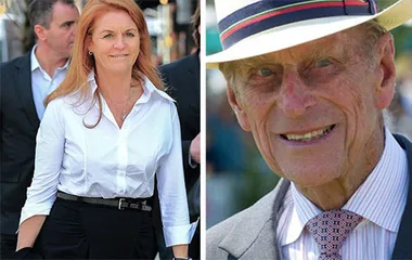 Sarah Ferguson and Prince Philip are pictured separately, both smiling, in candid outdoor settings.