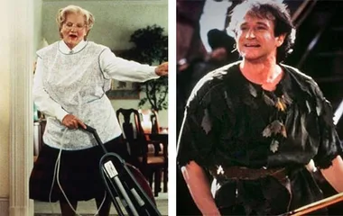 Two images: Left shows a person dressed as an elderly woman with a vacuum; right shows same person in a leafy costume.