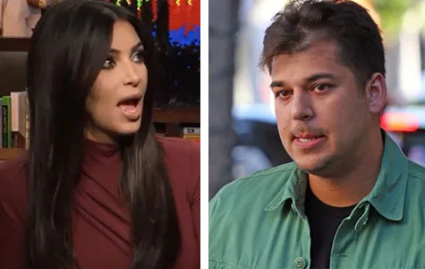 Kim Kardashian appears surprised; Rob Kardashian looks contemplative in a green shirt, outdoors.