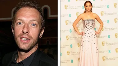 Chris Martin in a black shirt posing at an event; Jennifer Lawrence in a strapless gown at the BAFTA Awards.