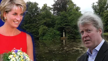 Diana in red dress holding flowers; background: a wooded area by a lake with a small memorial.