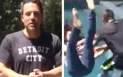 Ben Affleck stands beside pool, prepares for Ice Bucket Challenge with playful splash.