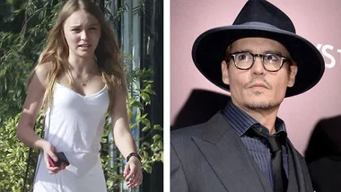 Lily-Rose Depp in casual white dress and man in suit and hat at event background.