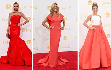 Celebridades en la alfombra roja de los Emmy 2014, vistiendo elegantes vestidos rojos y posando para las cámaras.