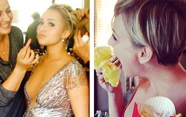 Getting ready for the Emmys: One woman in a glam dress being prepped with makeup; another enjoying fries and a burger.