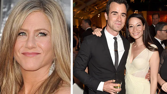Jennifer Aniston and Justin Theroux at an event; Justin posing with a woman at a party.