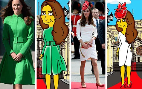 "Side-by-side images of Duchess Catherine and her Simpsons character makeover, in green and white outfits."