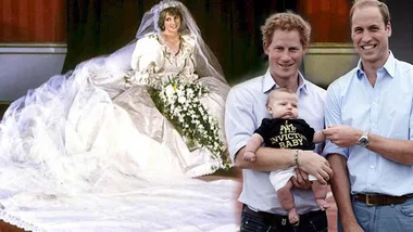 Princess Diana in her wedding dress; two men with a baby in a "Future Invictus Baby" shirt.